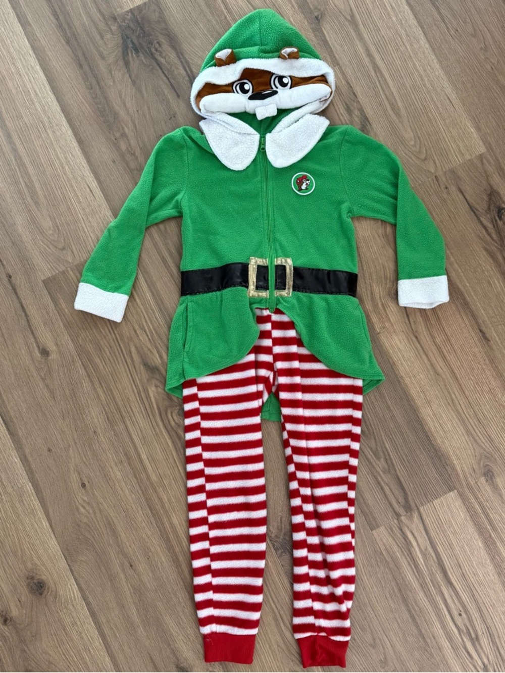 Buc-ee’s Christmas Elf Pajama XS / Small Hooded Beaver Costume Pajama Set Fleece
